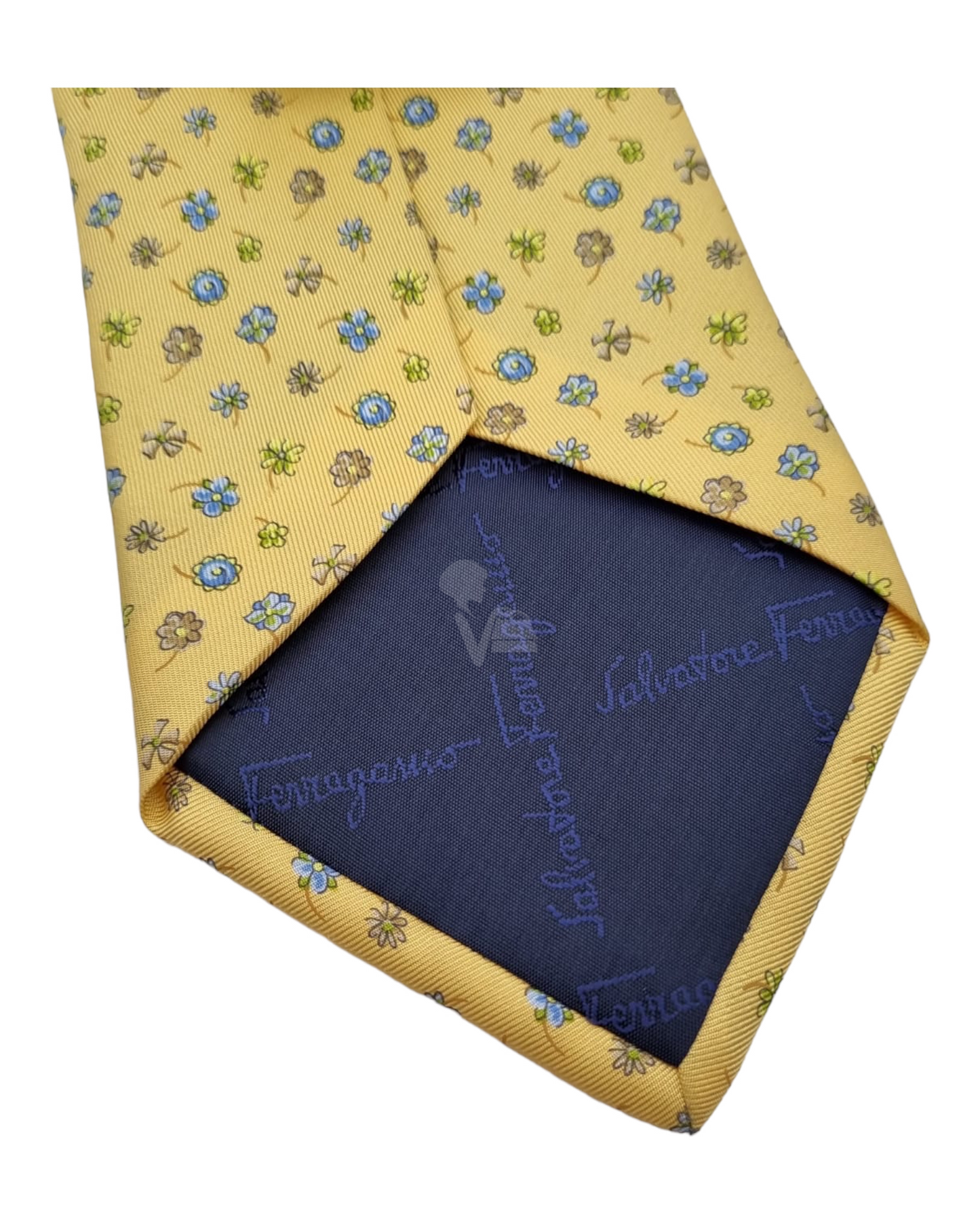 Salvatore Ferragamo Blue Flower Print Tie Yellow