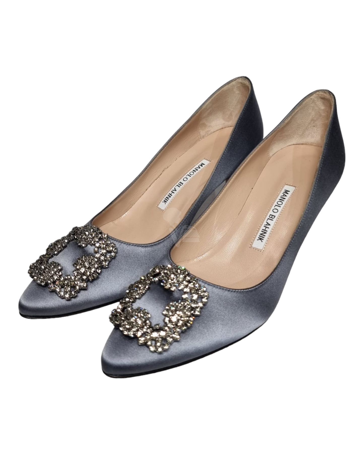 Manolo Blahnik Hangisi Navy Satin Jewelry Size 37,5/24,5