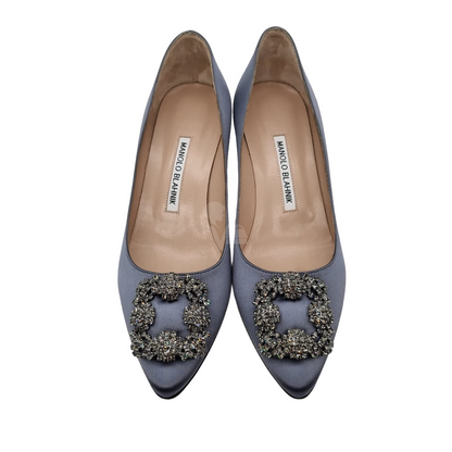 Manolo Blahnik Hangisi Navy Satin Jewelry Size 37,5/24,5